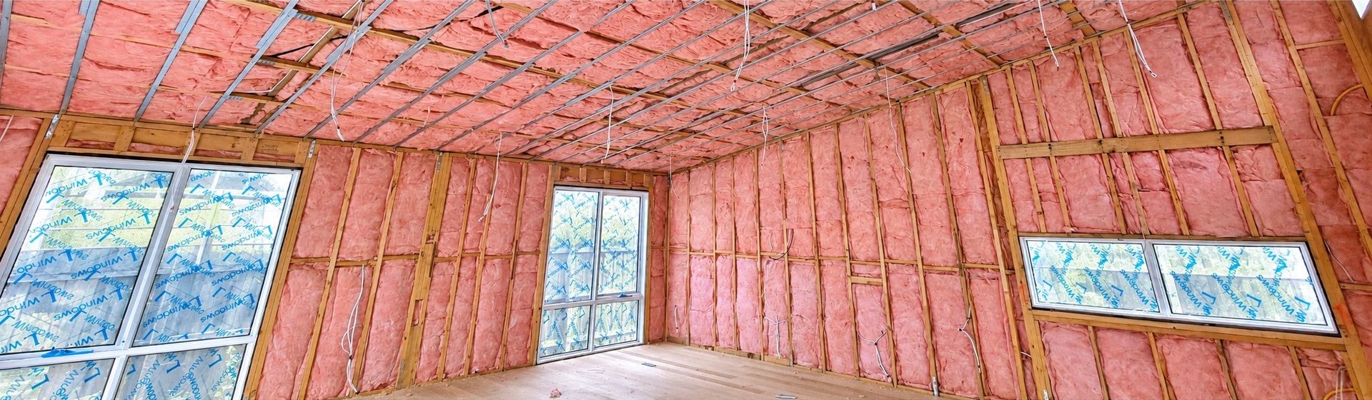 Pink insulation fitted between wall studs and ceiling framing in a new build