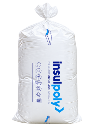InsulPoly polyester underfloor insulation bag and unpacked rolls beside a timber-clad house