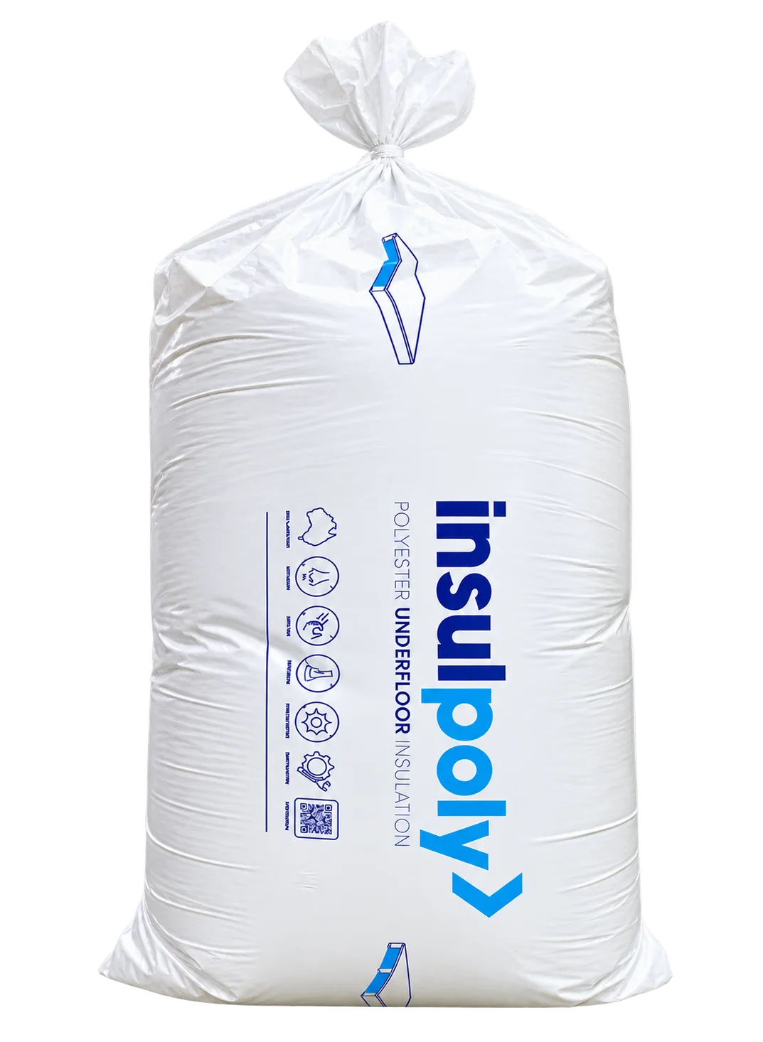 InsulPoly polyester underfloor insulation bag and unpacked rolls beside a timber-clad house