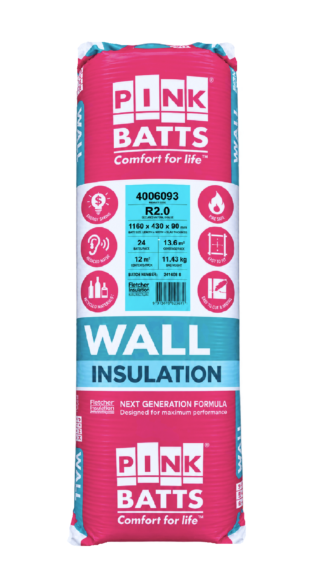Pink Batts R2.0 wall insulation pack in pink and blue packaging