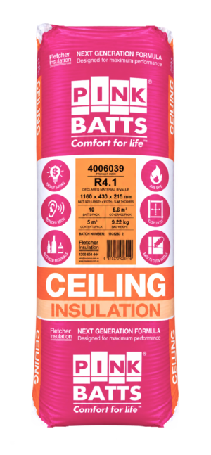 Pink Batts R4.1 ceiling insulation pack in pink and orange packaging