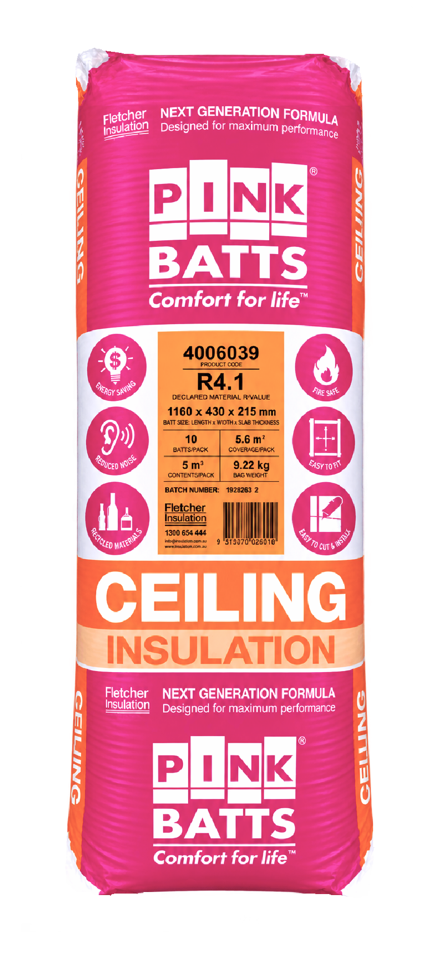 Pink Batts R4.1 ceiling insulation pack in pink and orange packaging
