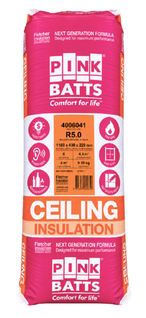 Pink Batts R5.0 ceiling insulation pack in pink and orange packaging