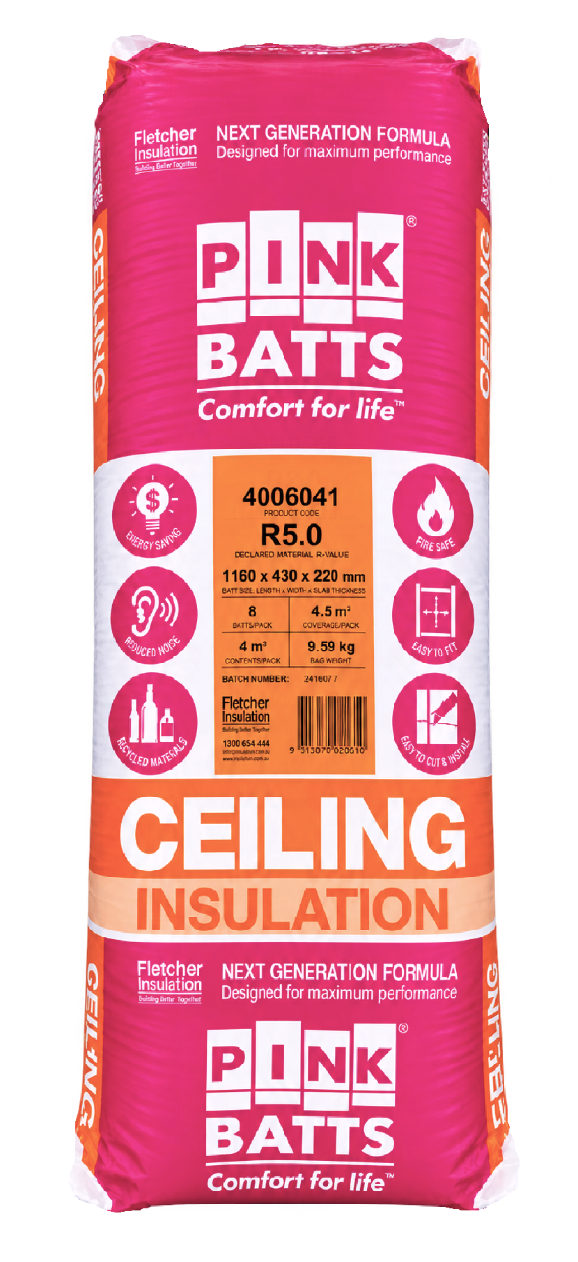 Pink Batts R5.0 ceiling insulation pack in pink and orange packaging