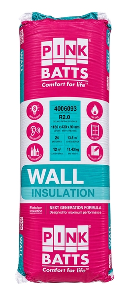 Pink Batts R2.0 wall insulation pack in pink and blue packaging