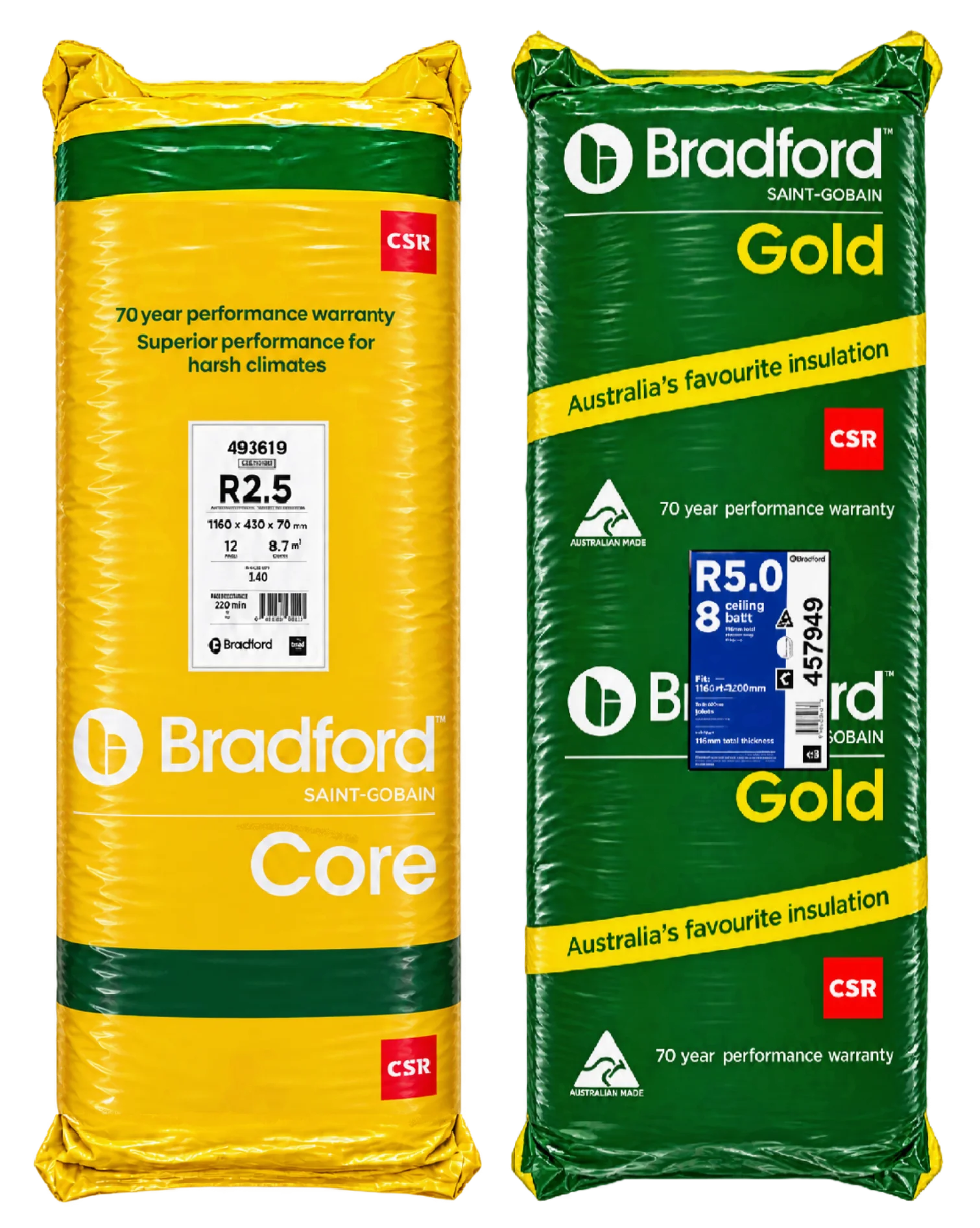 Bradford R2.5 core wall insulation in yellow bag and R5 gold ceiling in green bag